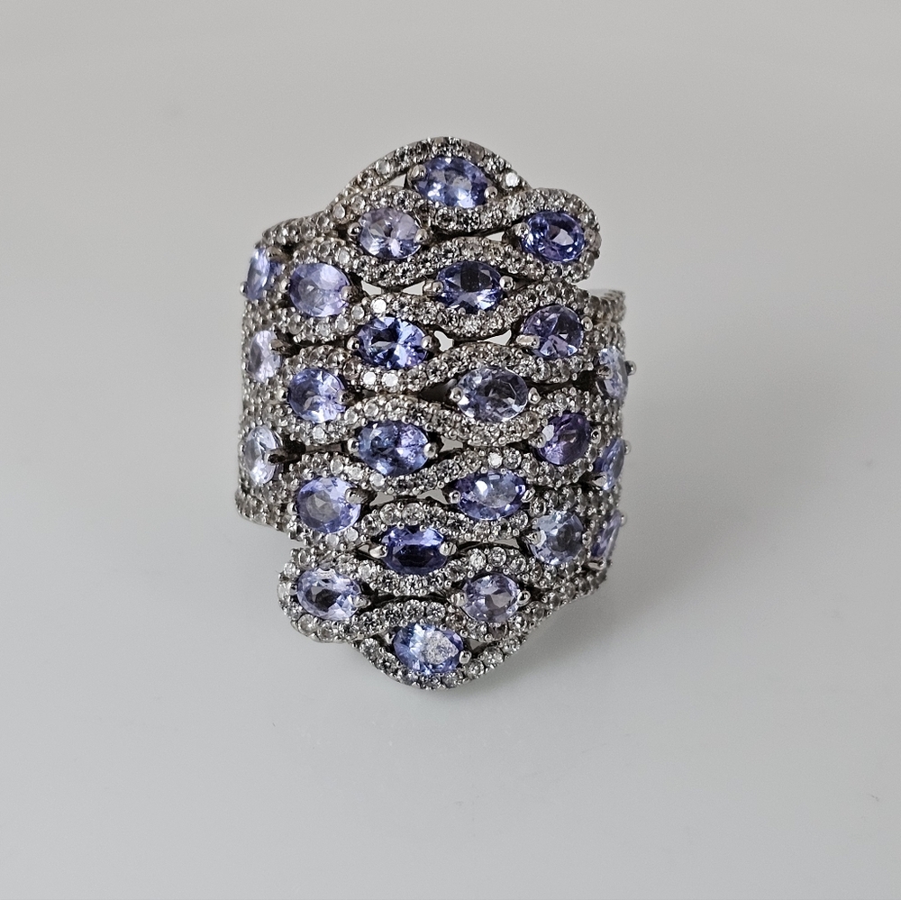 Natural Tanzanite & White Zircon Statement Ring Rhodium Sterling Silver Sz 7!